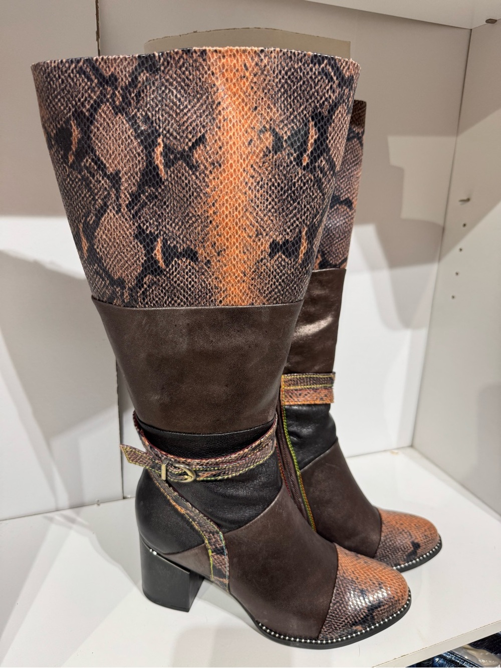 Spring step Brown and Orange Snake-Print Mid-Calf Heeled Boots